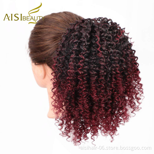 Aisi Beauty New Design Wholesale Ombre Red Afro Fluffy Puff Hairpiece Extension Messy Donut Curly Afro Kinky Afro Hair Bun